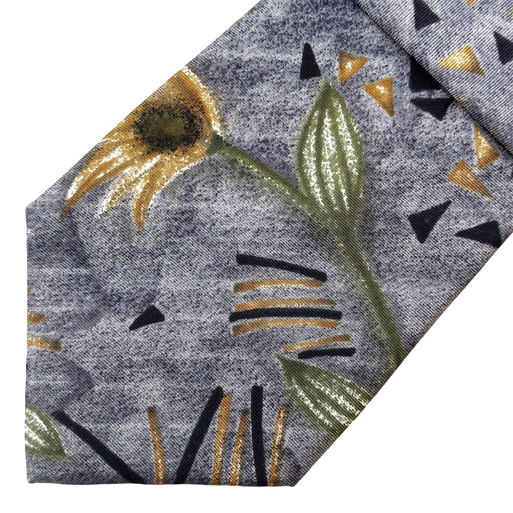 HALSTON III Vintage 100% Italian Silk Floral Neck Tie • gray tan green Designer